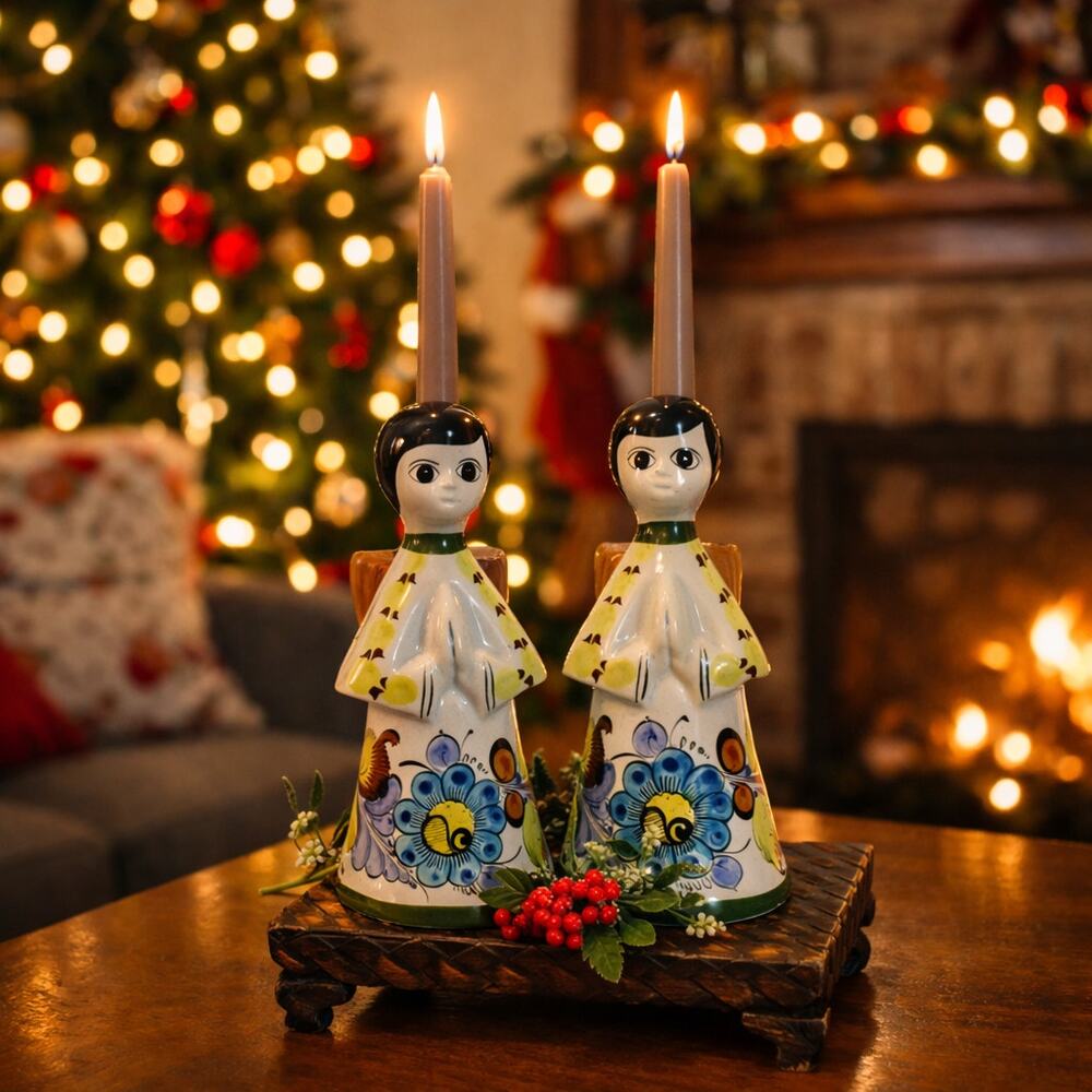 Set 2 Tonala Mexico Angel Candle Holders Vintage Hand Painted Ceramic Pottery